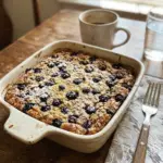 Blueberry Cottage Cheese Breakfast Bake served in a dish with fresh blueberries on top
