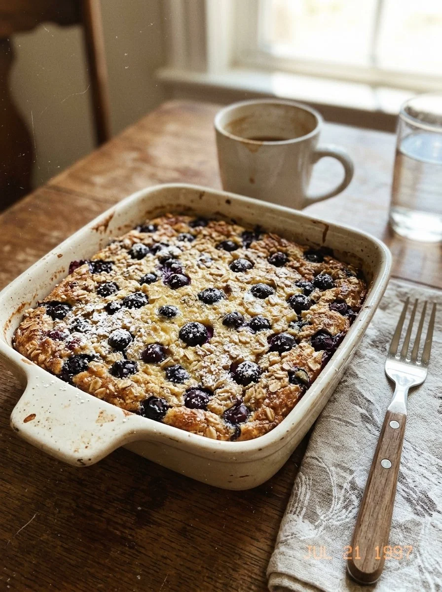 Blueberry Cottage Cheese Breakfast Bake served in a dish with fresh blueberries on top