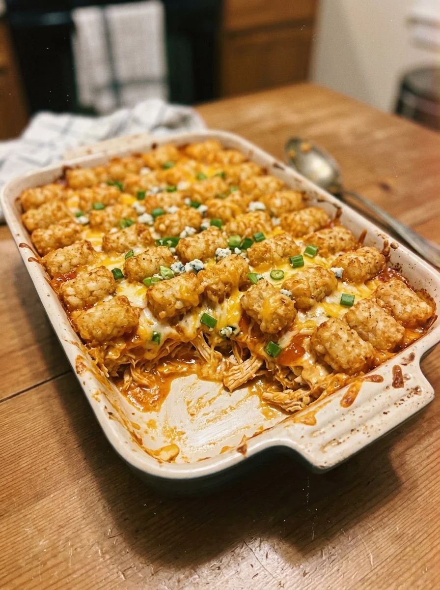 Buffalo Chicken Tater Tot Casserole topped with crispy tater tots and melted cheese