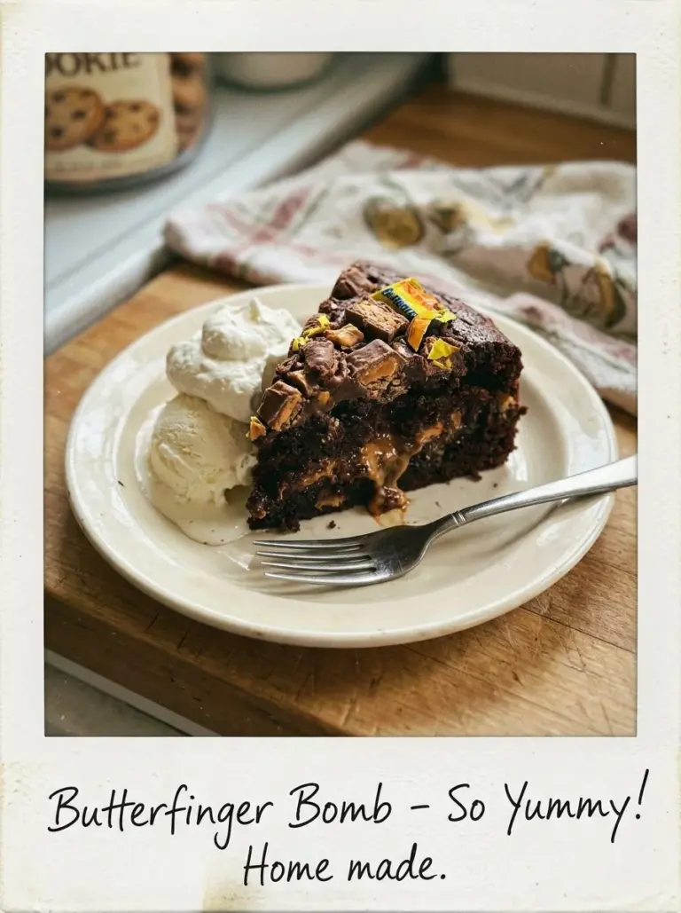 Delicious Butterfinger Bomb Cake topped with chocolate and Butterfinger pieces