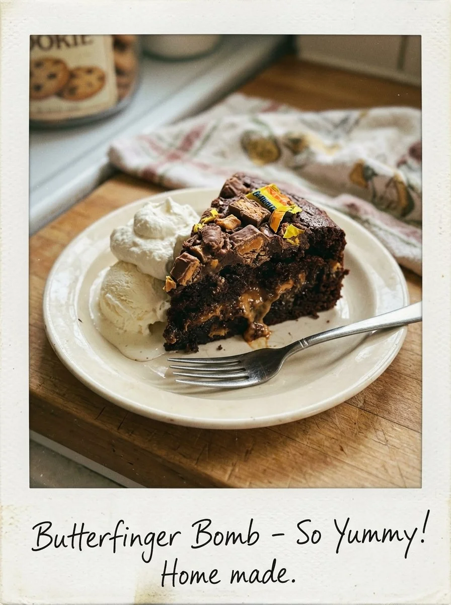 Delicious Butterfinger Bomb Cake topped with chocolate and Butterfinger pieces