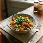 Bowl of butternut squash chickpea curry with vibrant spices and herbs
