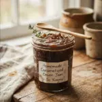 Jar of homemade caramelized onion jam with herbs and spices