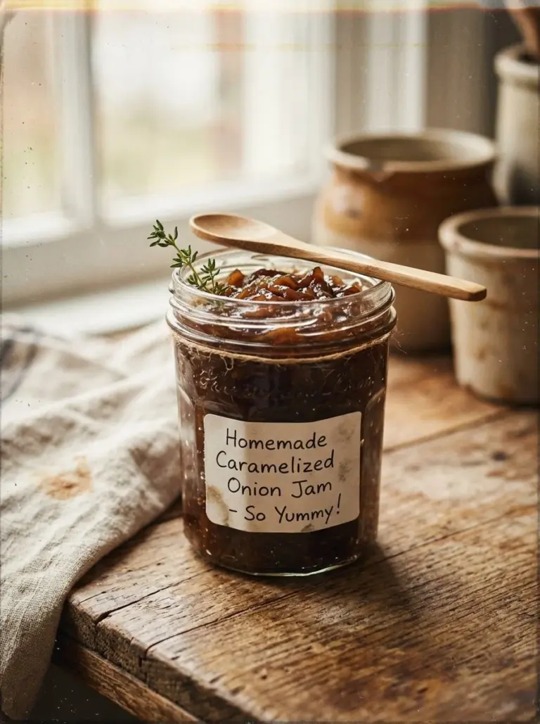 Jar of homemade caramelized onion jam with herbs and spices