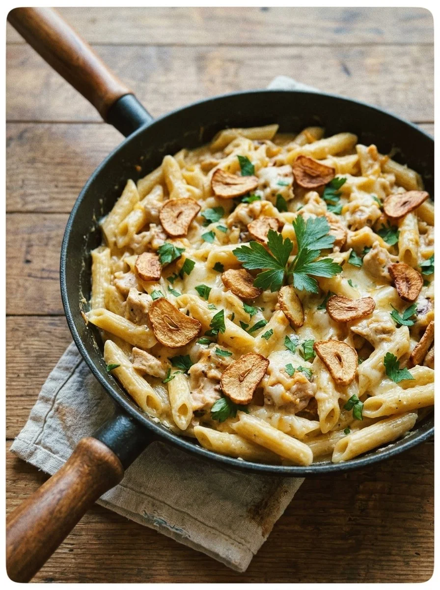 Delicious Cheddar Parmesan Garlic Butter Chicken with Creamy Penne Pasta