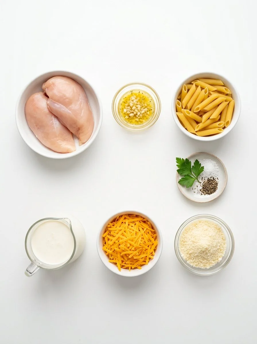 Cheddar Parmesan Garlic Butter Chicken With Creamy Penne Pasta