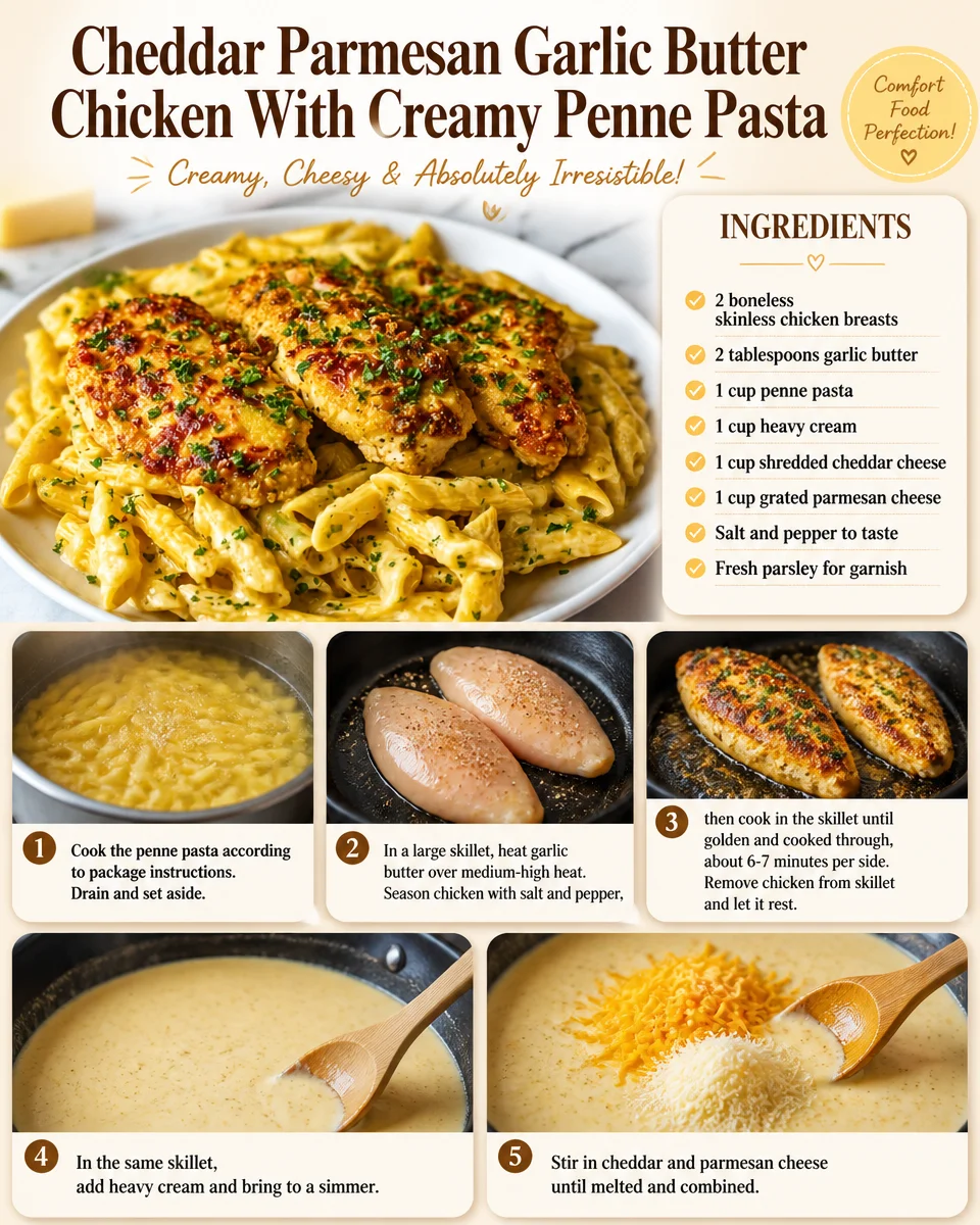 Cheddar Parmesan Garlic Butter Chicken With Creamy Penne Pasta