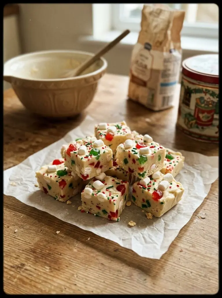 Delicious Christmas Cake Batter Fudge topped with colorful sprinkles