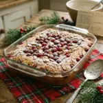 A festive Christmas Dump Cake topped with holiday-themed decorations and berries.