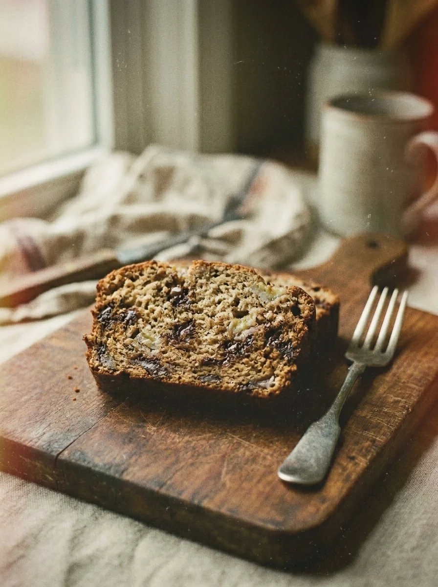 Loaf of classic chocolate chip banana bread fresh from the oven