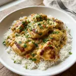 Delicious creamy smothered chicken served over fluffy rice
