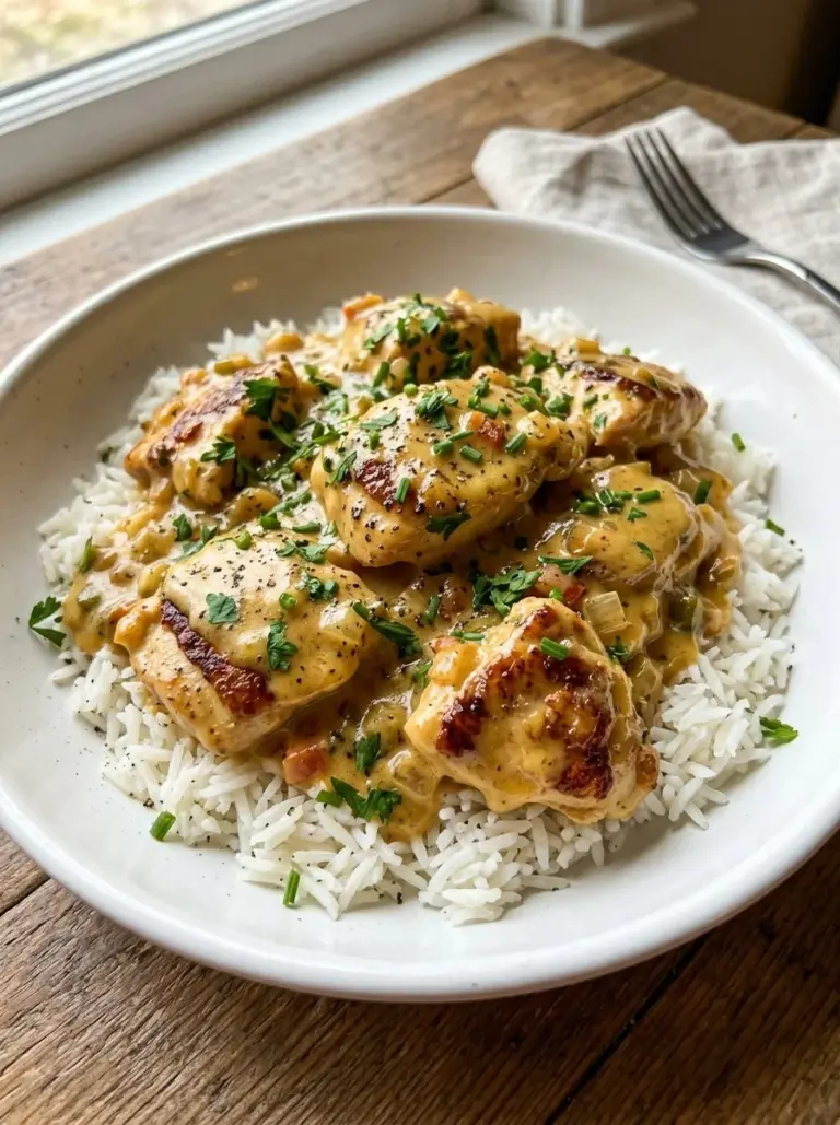 Delicious creamy smothered chicken served over fluffy rice