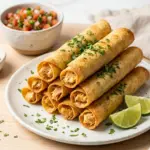 Crockpot Chicken Taquitos served on a plate with dipping sauce