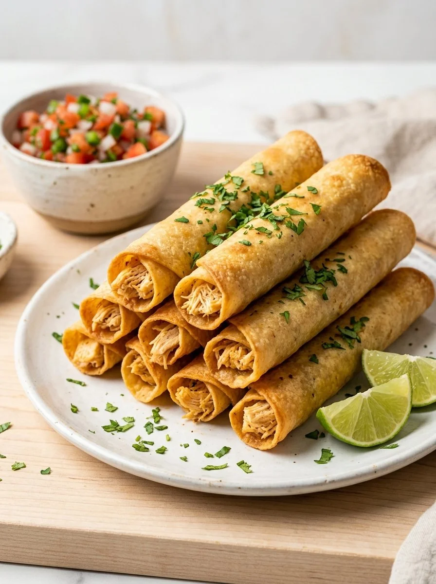 Crockpot Chicken Taquitos served on a plate with dipping sauce