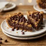 A delicious slice of easy chocolate chip cookie pie on a plate.