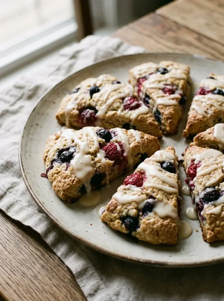 Glazed mixed berry scones on a wooden table, delicious and fresh.