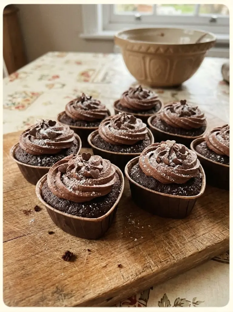 Heart-shaped chocolate cupcakes decorated with frosting