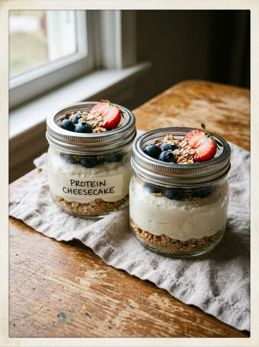 High-protein cheesecake jars with fresh berries and a creamy texture.