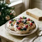Festive Holiday Wreath Meringues decorated with fresh berries and cream