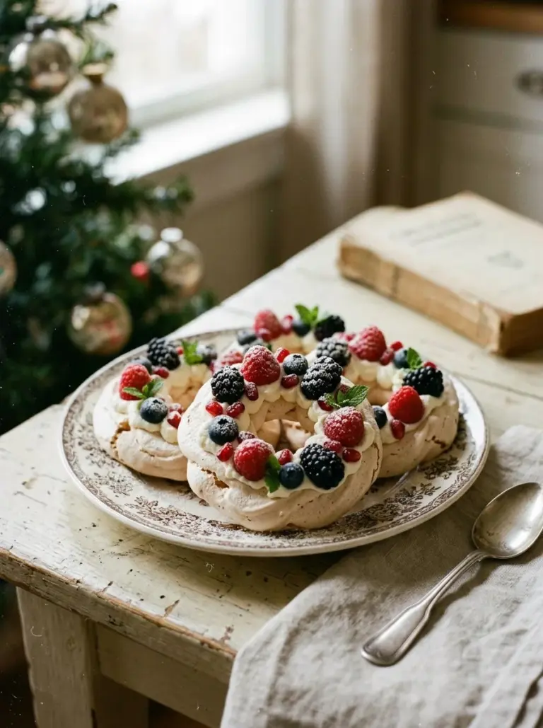 Festive Holiday Wreath Meringues decorated with fresh berries and cream