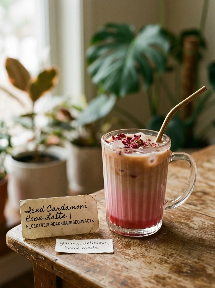 Delicious Iced Cardamom Rose Latte garnished with rose petals and spices