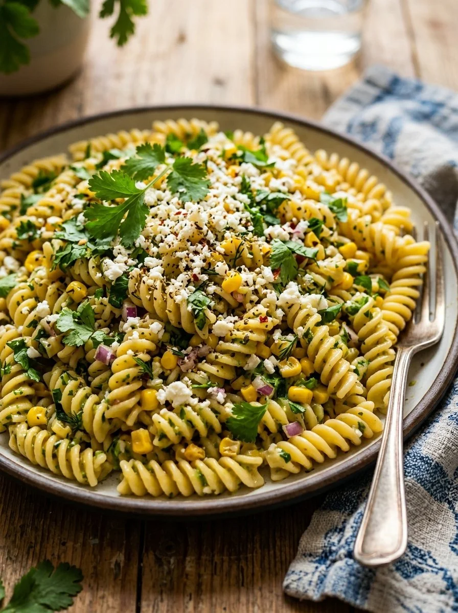 Bowl of colorful Mexican street corn pasta salad with fresh ingredients