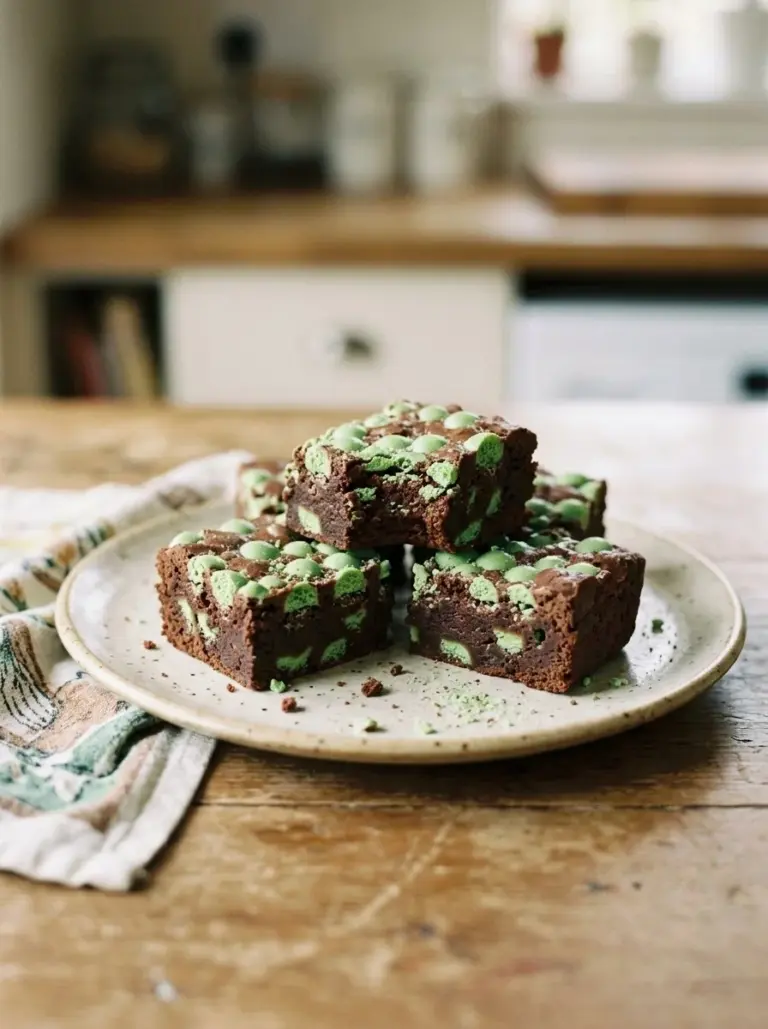 Mint Aero Brownies topped with mint chocolate pieces on a white plate.