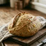 Freshly baked No-Knead Dill Gouda Artisan Bread loaf on a wooden table