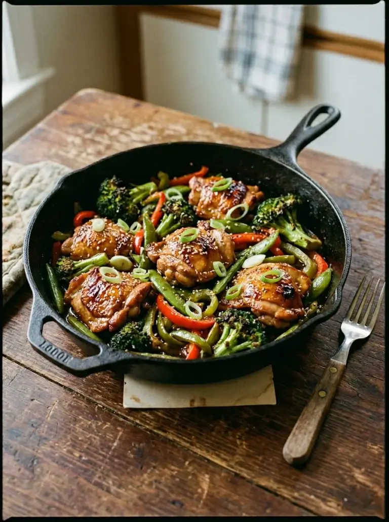 One Pan Teriyaki Chicken with colorful vegetables served in a skillet