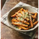 Bowl of crispy Parmesan Garlic Sweet Potato Fries with herbs.