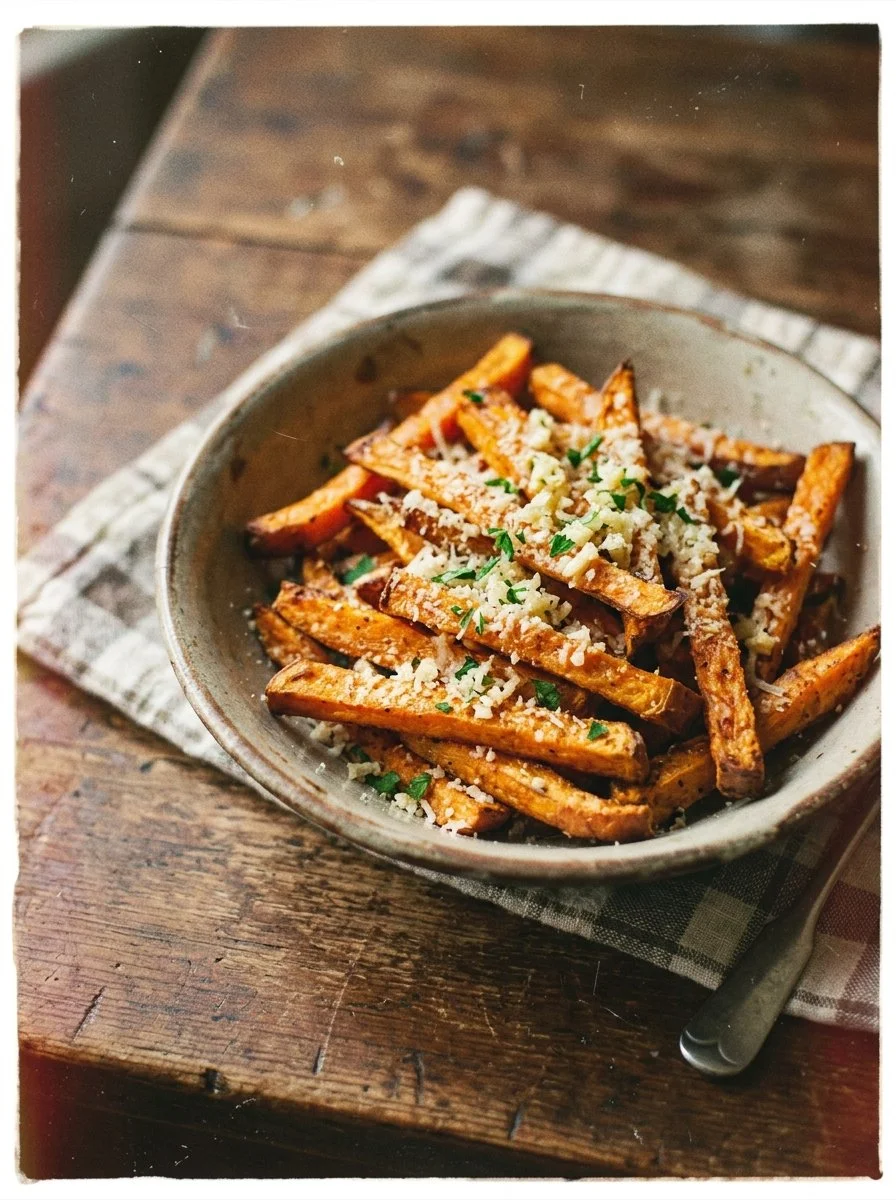 Bowl of crispy Parmesan Garlic Sweet Potato Fries with herbs.