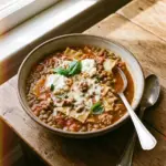 Bowl of quick lentil lasagna soup topped with cheese and herbs