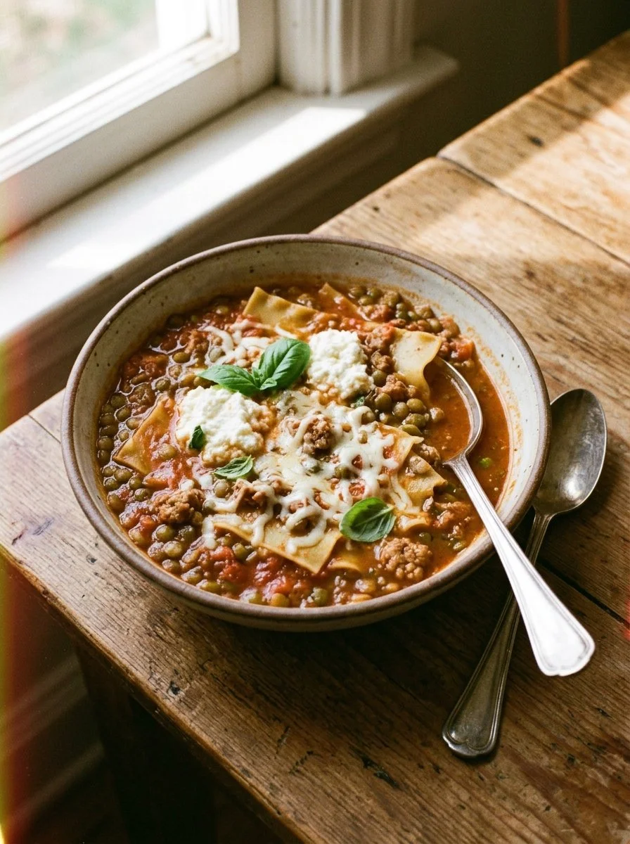Bowl of quick lentil lasagna soup topped with cheese and herbs