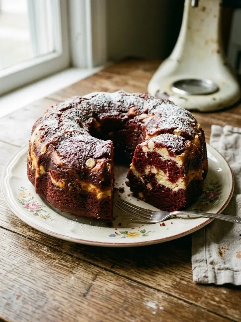 Red Velvet Cheesecake Bundt Dump Cake topped with cream cheese frosting