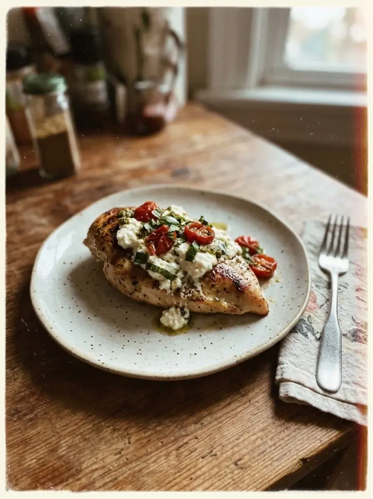Delicious Ricotta Chicken topped with herbs and served on a white plate