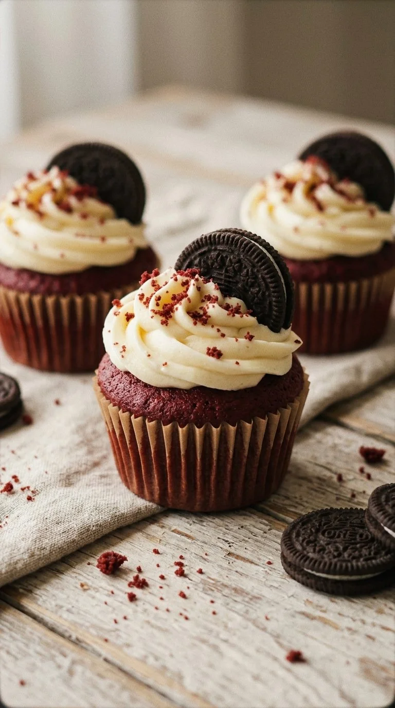 Soft and rich red velvet Oreo cupcakes topped with creamy frosting