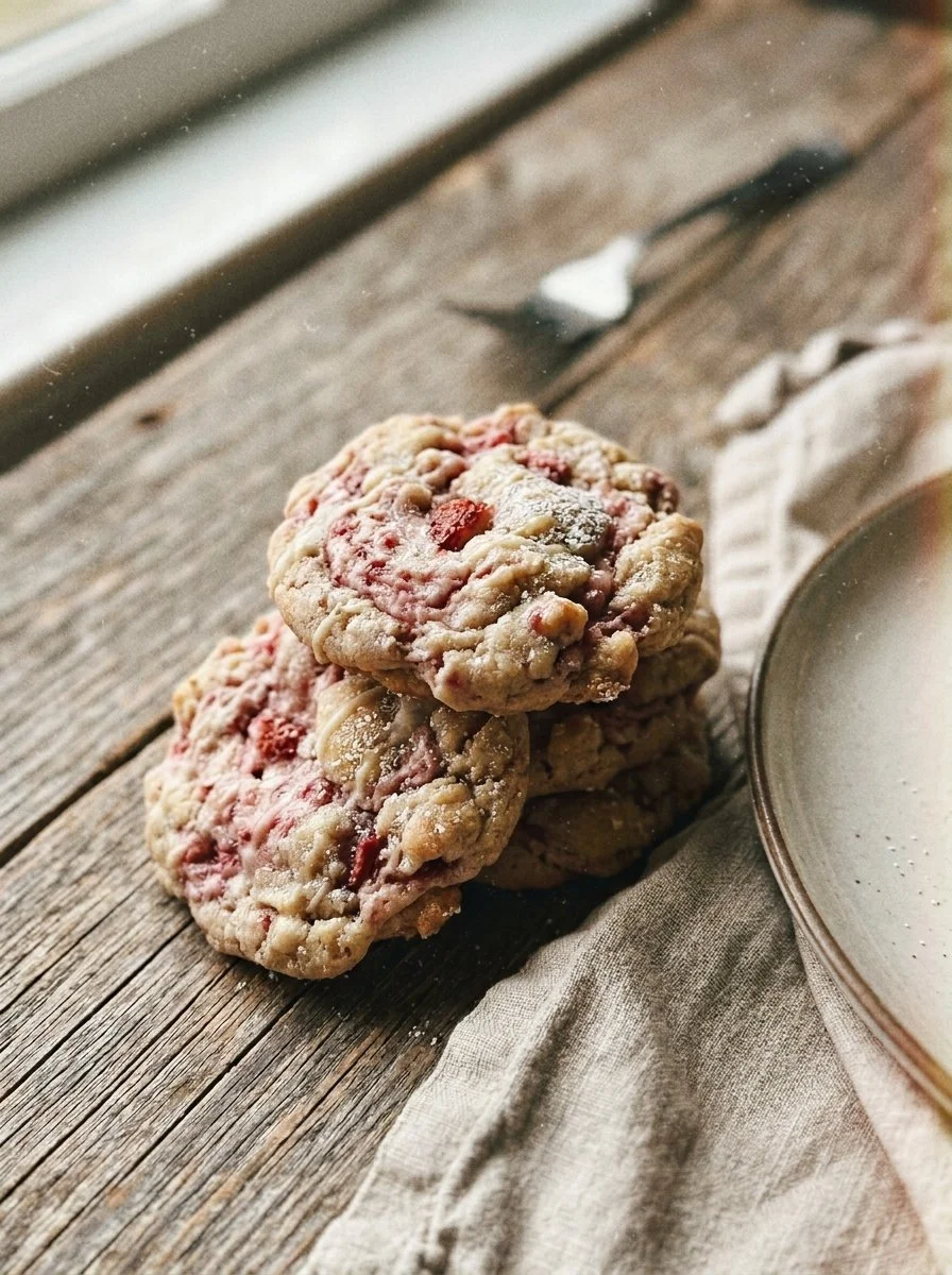 Freshly baked strawberry cheesecake cookies topped with strawberries.