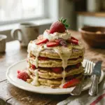 Stack of strawberry cheesecake pancakes topped with fresh strawberries and cream
