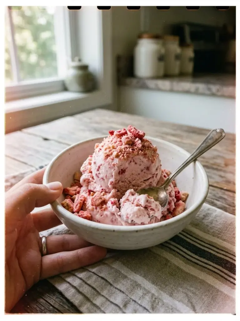 Delicious strawberry crunch ice cream in a bowl with toppings
