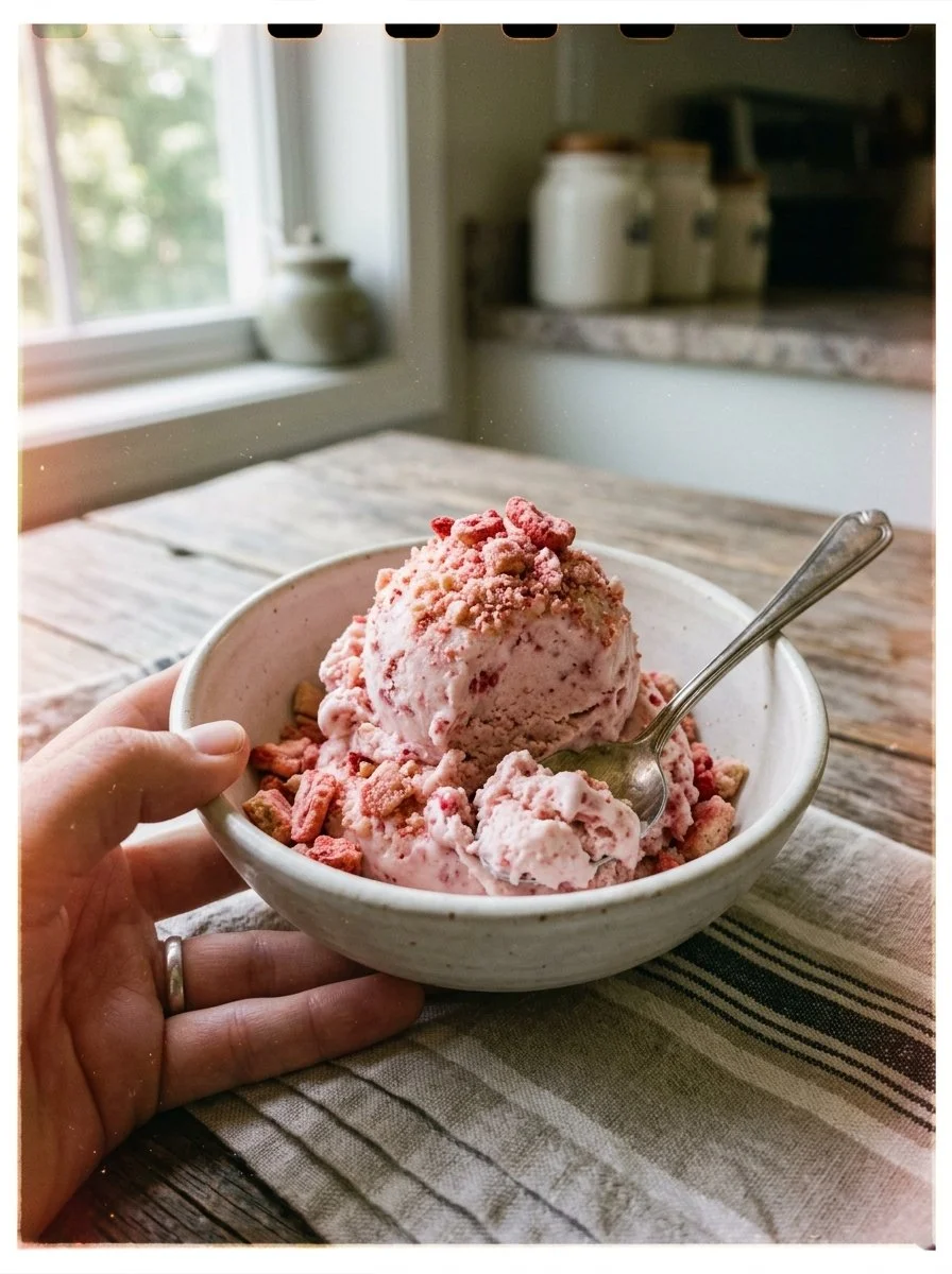 Delicious strawberry crunch ice cream in a bowl with toppings