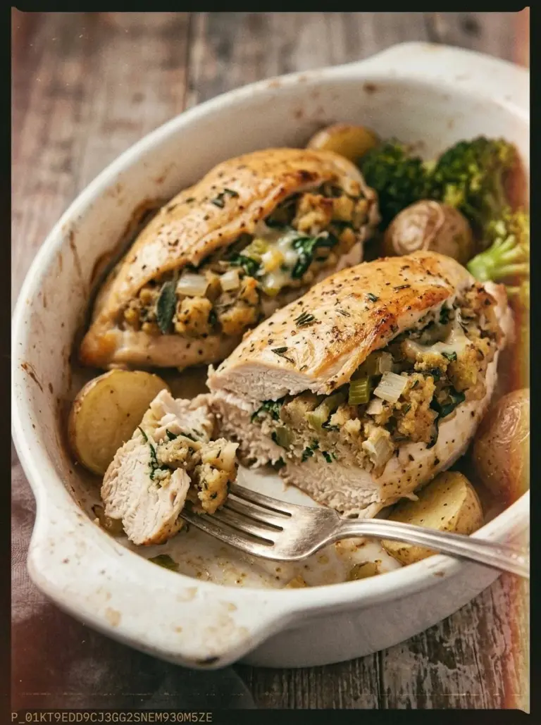 Stuffed chicken breasts with savory stuffing, garnished and ready to serve.