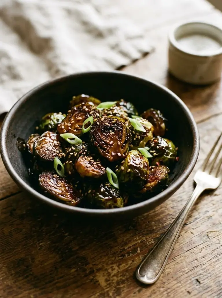 Plate of teriyaki glazed Brussels sprouts drizzled with sauce and garnished.
