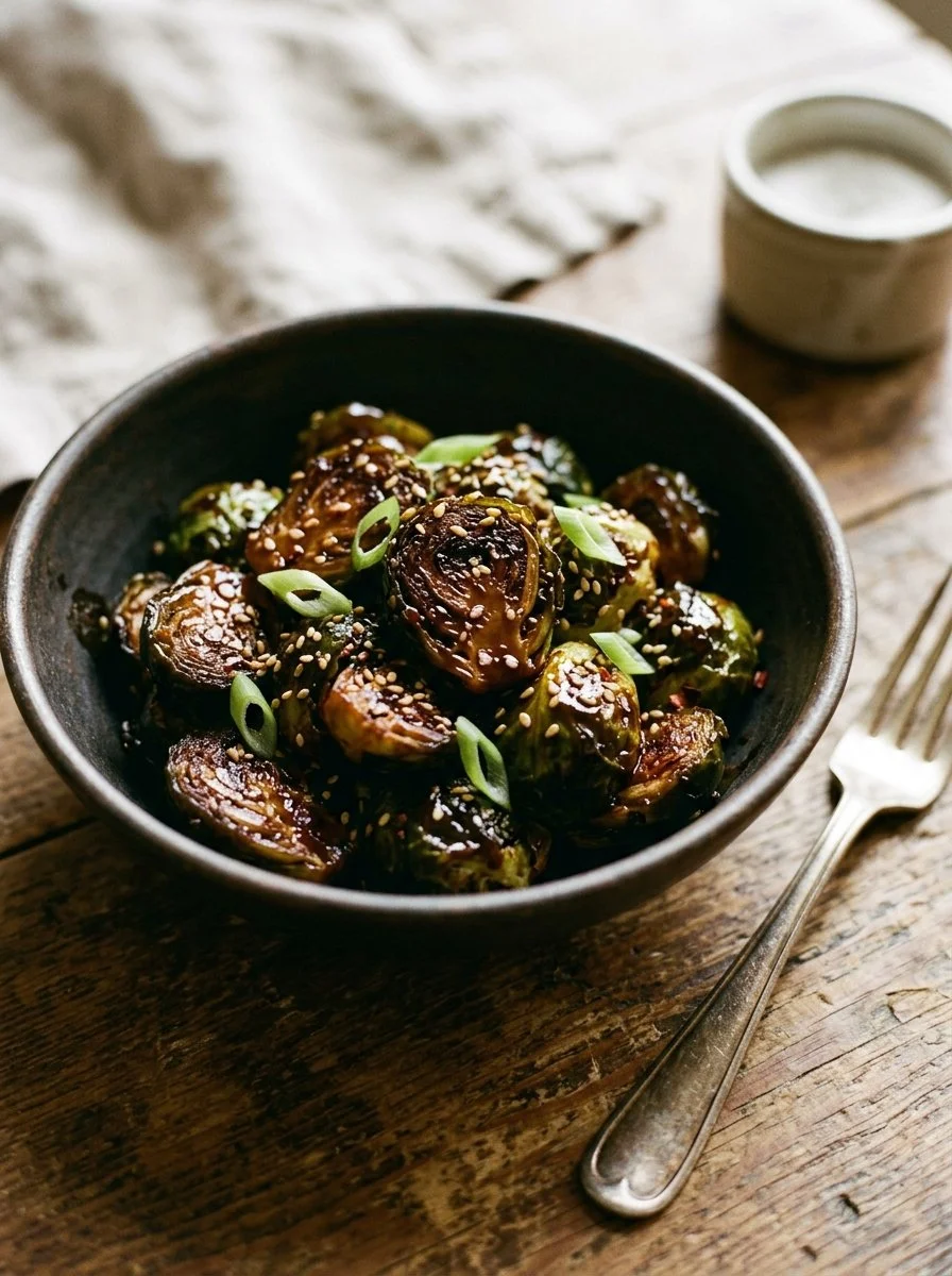 Plate of teriyaki glazed Brussels sprouts drizzled with sauce and garnished.