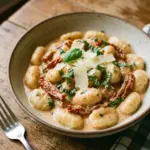 Plate of creamy sun-dried tomato gnocchi garnished with herbs