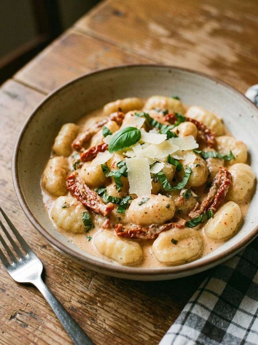 Plate of creamy sun-dried tomato gnocchi garnished with herbs