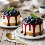 Delicious white chocolate blueberry cheesecake topped with fresh blueberries