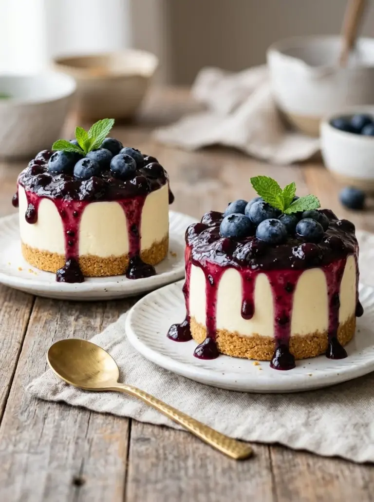 Delicious white chocolate blueberry cheesecake topped with fresh blueberries