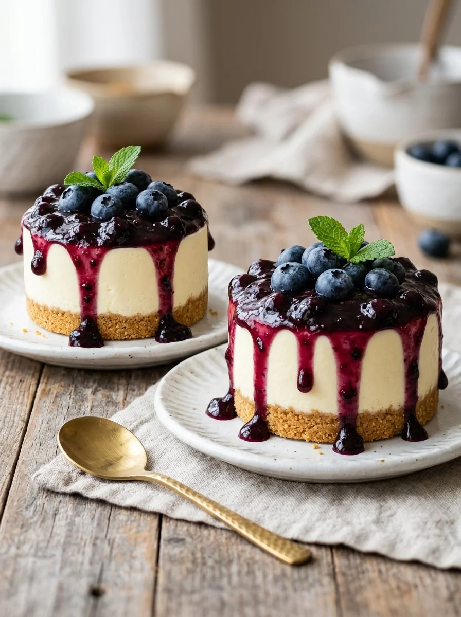 Delicious white chocolate blueberry cheesecake topped with fresh blueberries
